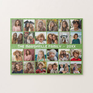 24 Photo Collage with Family Name Date Green Jigsaw Puzzle