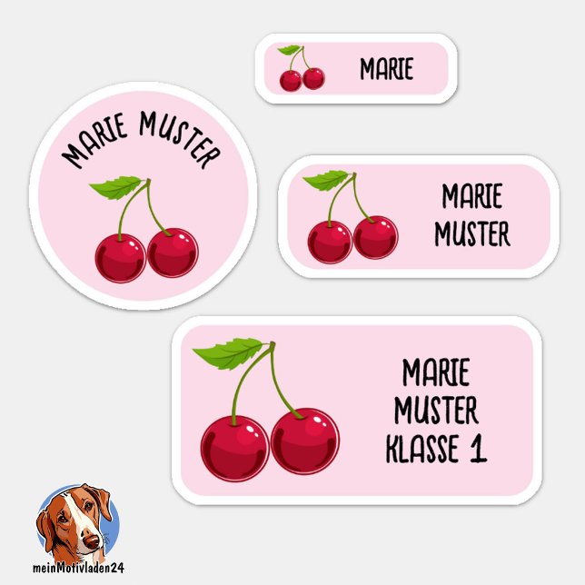 24 Sweet Cherry Kids Name Labels - pink (24 verschiedene Namensaufkleber - Motiv: Kirsche - rosa)