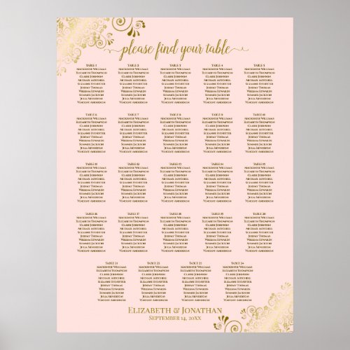 24 Table Blush Pink  Gold Wedding Seating Chart