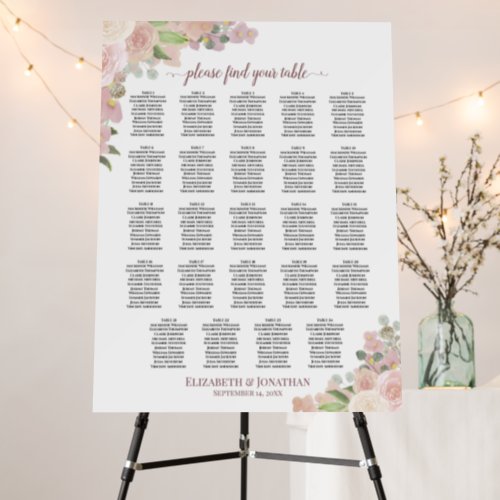 24 Table Blush Pink Roses Wedding Seating Chart Foam Board