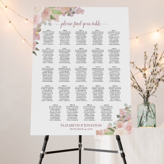24 Table Blush Pink Roses Wedding Seating Chart Foam Board (In Situ (Stand))
