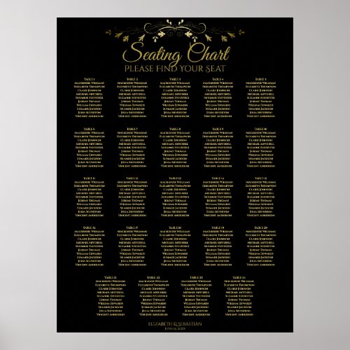 24 Table Chic Gold  Black Wedding Seating Chart