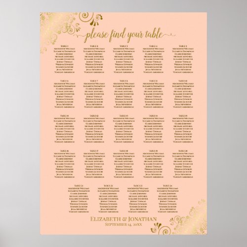 24 Table Coral Peach  Gold Wedding Seating Chart