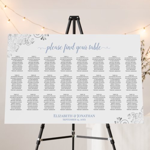 24 Table Dusty Blue & Silver White Seating Chart Foam Board