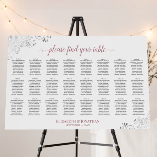 24 Table Dusty Rose on White Seating Chart Silver Foam Board