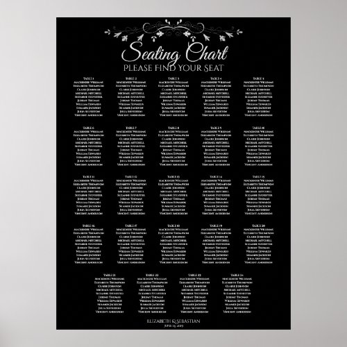 24 Table Elegant Black Wedding Seating Chart