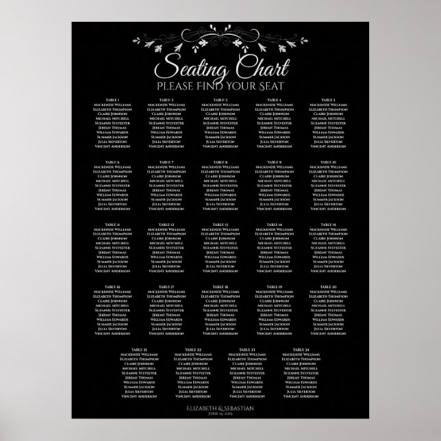 24 Table Elegant Black Wedding Seating Chart (Front)