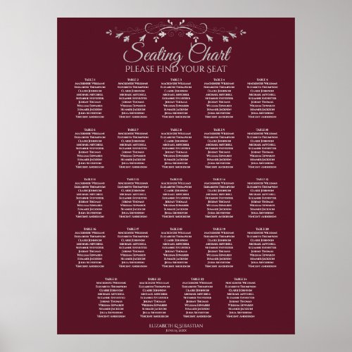 24 Table Elegant Burgundy Wedding Seating Chart
