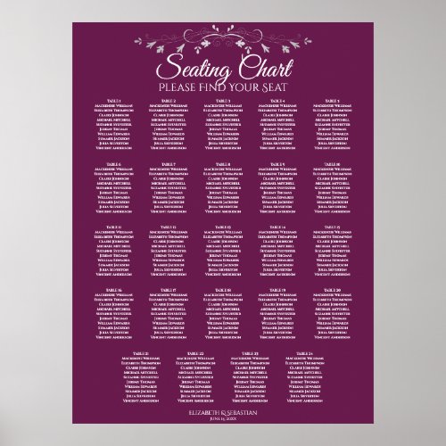 24 Table Elegant Cassis Wedding Seating Chart