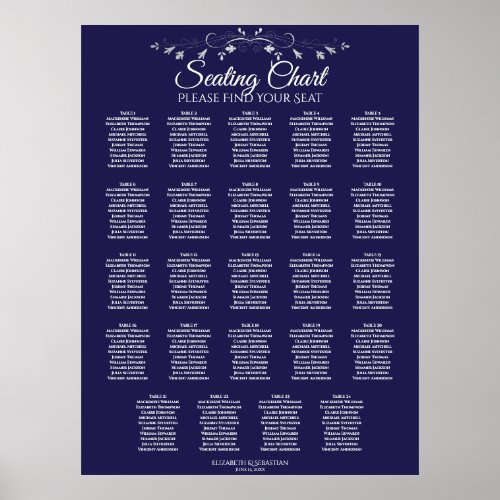 24 Table Elegant Navy Blue Wedding Seating Chart