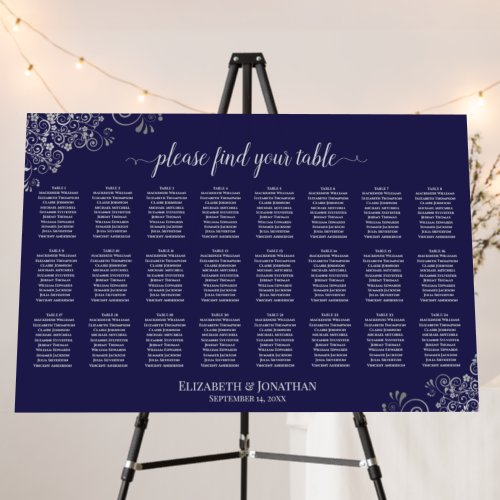 24 Table Elegant Silver on Navy Blue Seating Chart Foam Board
