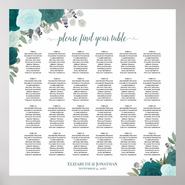 24 Table Elegant Teal Roses Wedding Seating Chart (Front)