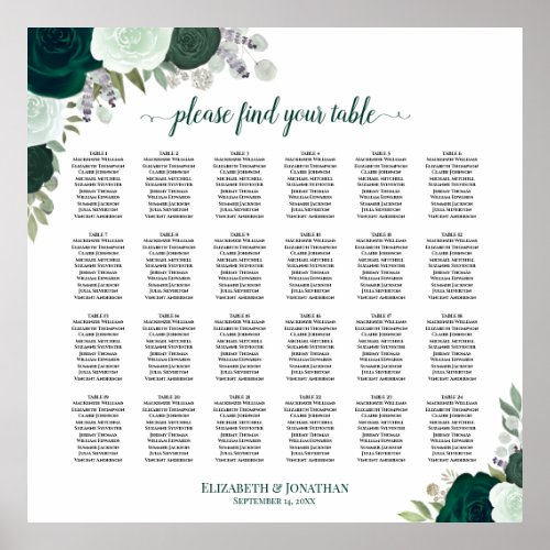 24 Table Emerald Boho Roses Wedding Seating Chart