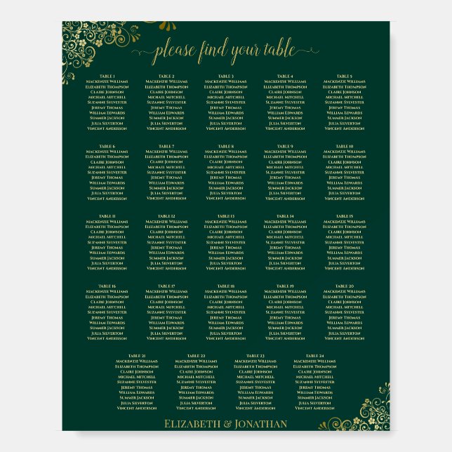 24 Table Emerald & Gold Chic Wedding Seating Chart Foam Board (Front)