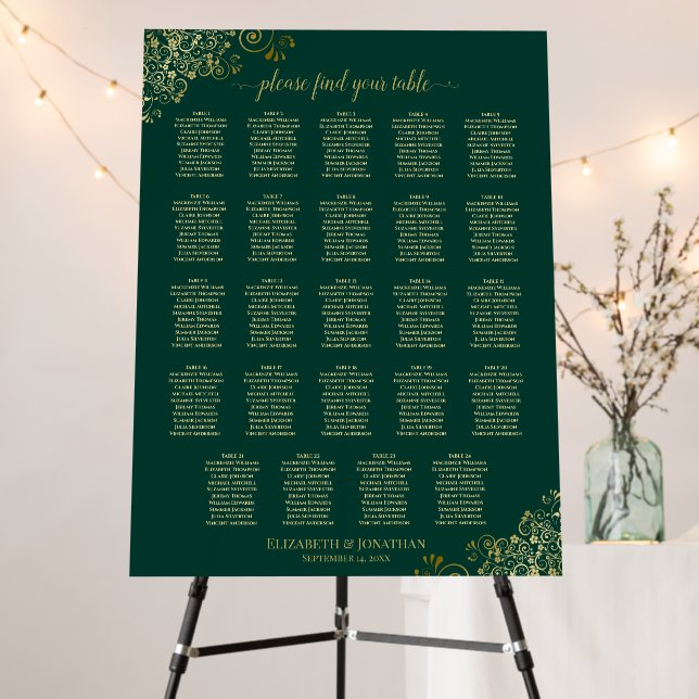 24 Table Emerald & Gold Chic Wedding Seating Chart Foam Board (In Situ (Stand))