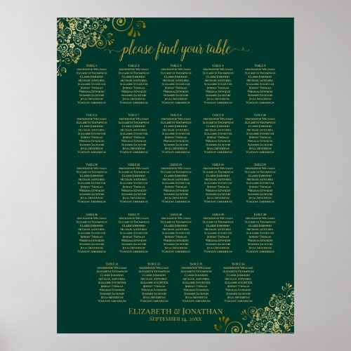 24 Table Emerald Green Gold Wedding Seating Chart