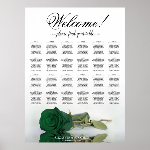 24 Table Emerald Green Rose Wedding Seating Chart