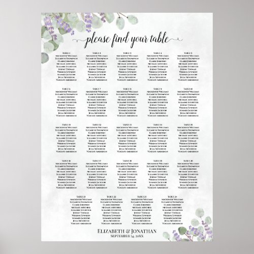 24 Table Eucalyptus Lavender Wedding Seating Chart