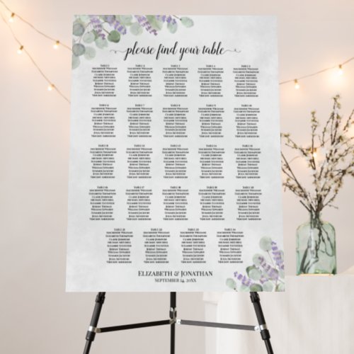 24 Table Eucalyptus Lavender Wedding Seating Chart Foam Board