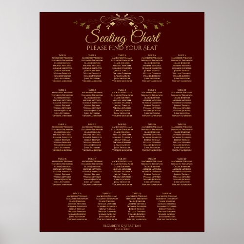 24 Table Gold  Auburn Brown Wedding Seating Chart