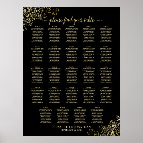 24 Table Gold  Black Chic Wedding Seating Chart