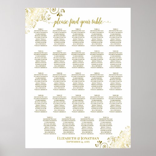 24 Table Gold  White Chic Wedding Seating Chart