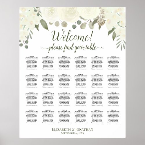 24 Table Ivory White Roses Wedding Seating Chart
