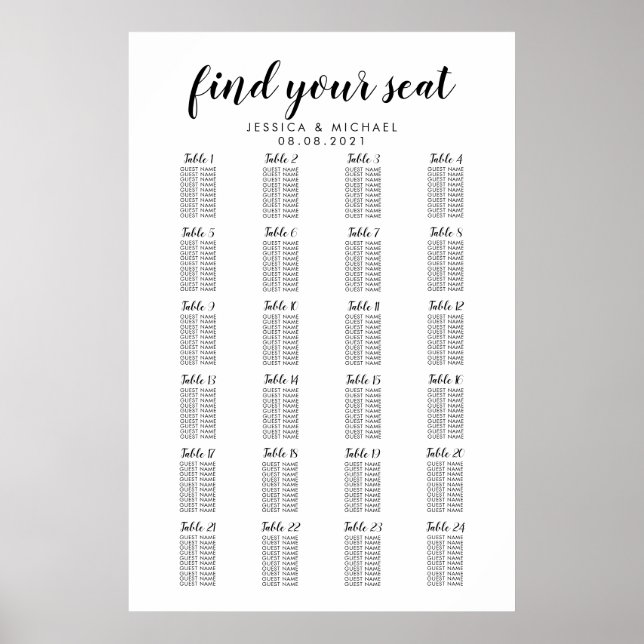 24 Table Large Wedding Guest Seating Chart (Front)