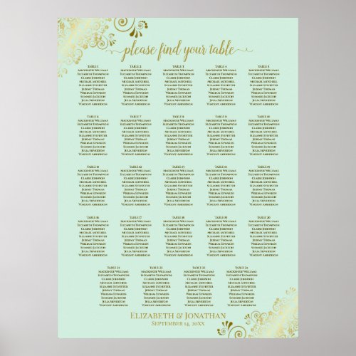 24 Table Mint Green  Gold Wedding Seating Chart