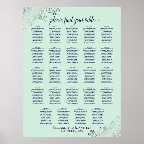 24 Table MInt Green  Navy Wedding Seating Chart