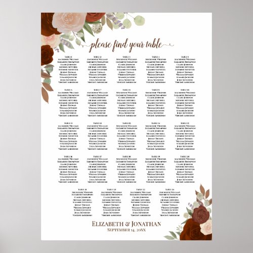 24 Table Orange Fall Floral Wedding Seating Chart