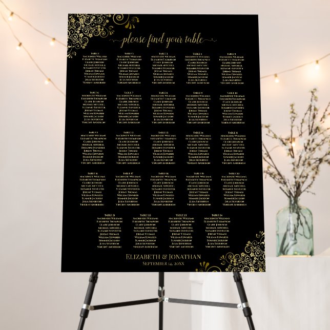 24 Table Ornate Gold & Black Wedding Seating Chart Foam Board (In Situ (Stand))