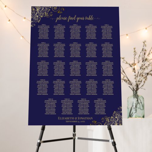 24 Table Ornate Gold  Navy Wedding Seating Chart Foam Board