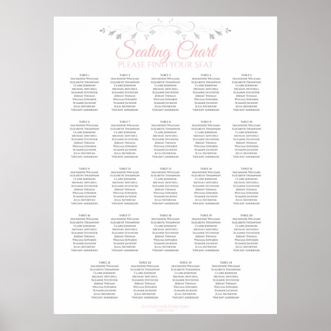 24 Table Pink & Gray Wedding Seating Chart (Front)