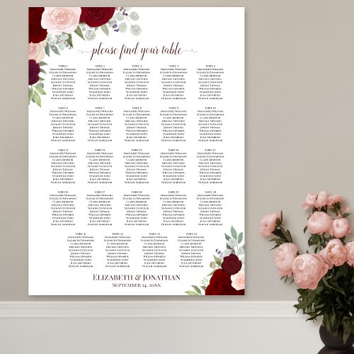 24 Table Red  Pink Floral Wedding Seating Chart