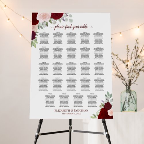 24 Table Red  Pink Roses Wedding Seating Chart Foam Board