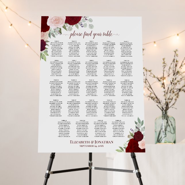 24 Table Red & Pink Roses Wedding Seating Chart Foam Board (In Situ (Stand))