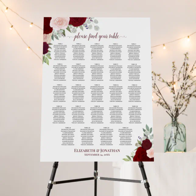 24 Table Red & Pink Roses Wedding Seating Chart Foam Board | Zazzle