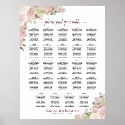 24 Table Rustic Pink Floral Wedding Seating Chart