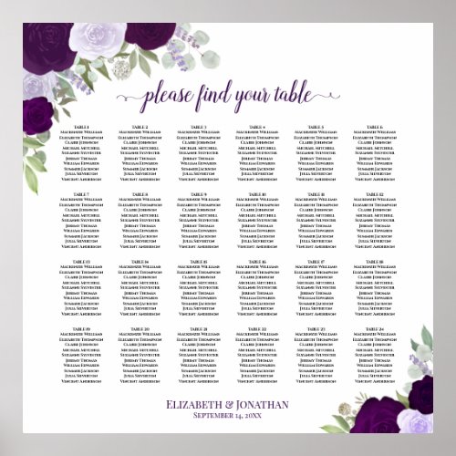 24 Table Rustic Purple Roses Wedding Seating Chart
