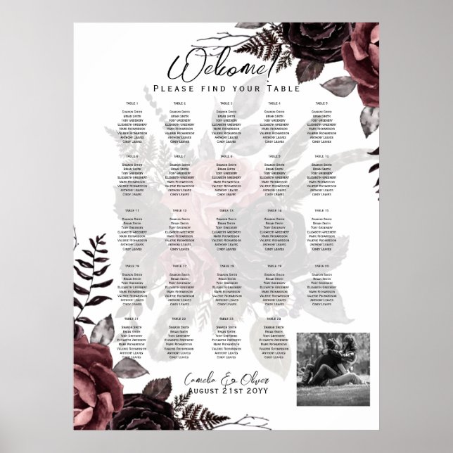 24 Table Seating Chart with Names, PHOTO Welcome (Front)