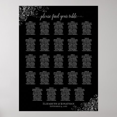 24 Table Silver  Black Wedding Seating Chart