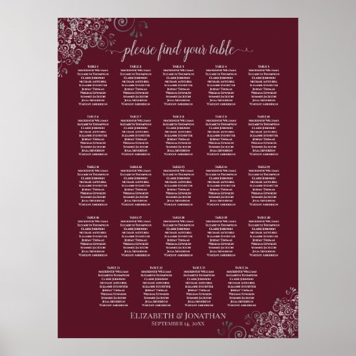 24 Table Silver  Burgundy Wedding Seating Chart