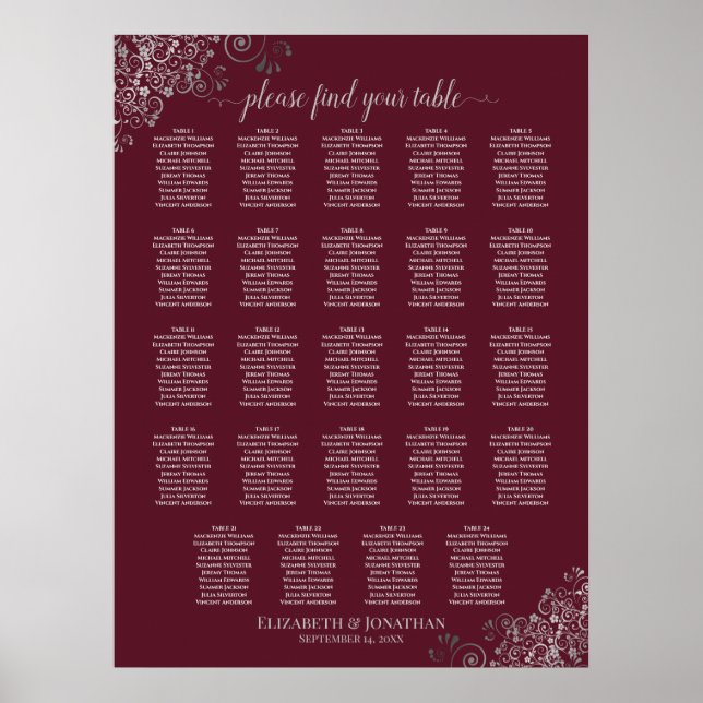 24 Table Silver & Burgundy Wedding Seating Chart (Front)