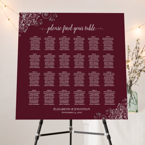 24 Table Silver Lace on Burgundy Seating Chart Foam Board