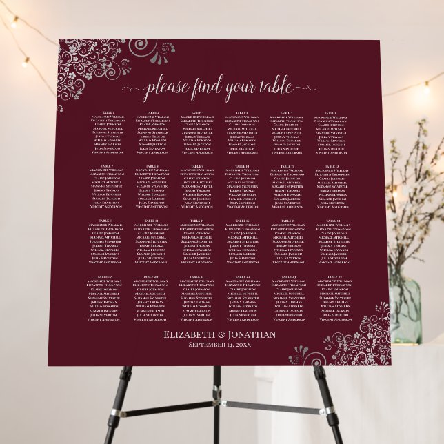 24 Table Silver Lace on Burgundy Seating Chart Foam Board (In Situ (Stand))