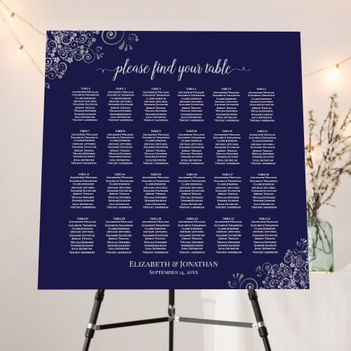 24 Table Silver Lace on Navy Blue Seating Chart Foam Board
