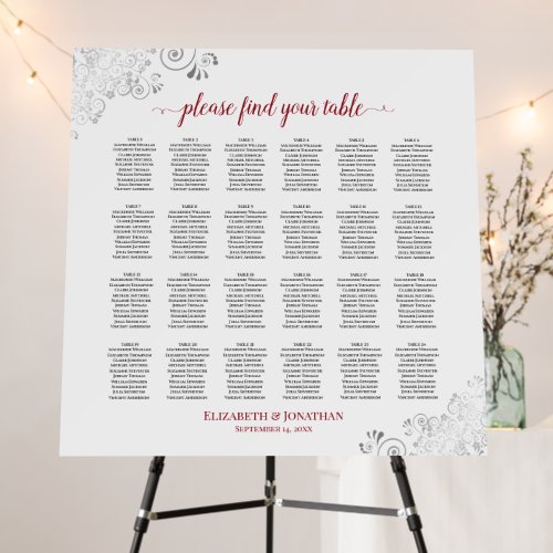 24 Table Silver Lace Red on White Seating Chart Foam Board
