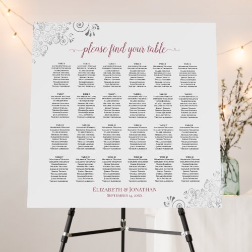 24 Table Silver Lace Rose on White Seating Chart Foam Board