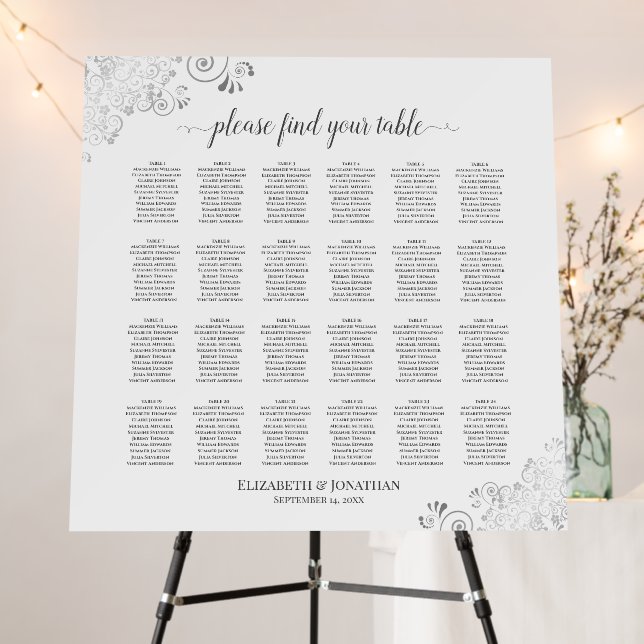 24 Table Silver Lace White Wedding Seating Chart Foam Board (In Situ (Stand))
